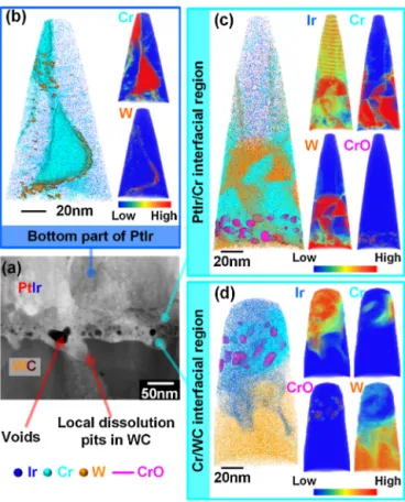 Fig. 13. Representative characterisation results obtained from the near inter- inter-face region of the PtIr/Cr/WC specimen after 168 h exposure at 630 ◦ C under