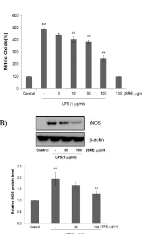 Fig.  2.  Effect  of  SRE  on  LPS-mediated  NO  and  iNOS  protein  expression. 