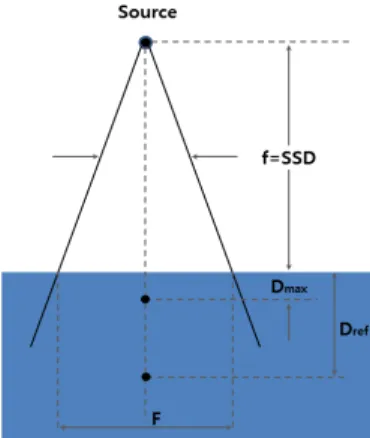 Fig.  3.   Schematic  diagram  of  absolute  dose  measurement       D max   :  maximum  dose,  D ref   :  reference  depth