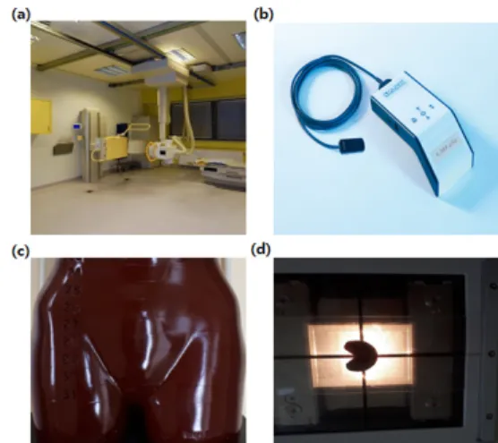 Fig.  1.  The  figure  shows  the  equipment  used  in  the  experiment:  (a)  digital  radiography  system;  (b)  dosimeter;  (c)  the  pelvis  of  Rando  phantom;  and  (d)  shielding  material