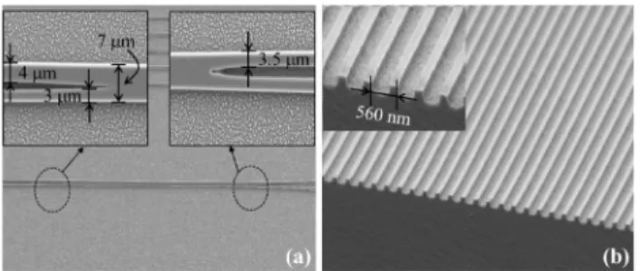 Fig. 4. SEM photographs of the fabricated device: (a) the asymmetric X-junction and (b) the  Bragg grating