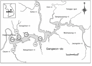 Figure  1.  Map  of  Lake  Paro  with  location  of  the  sampling  sites.  Closed  circles  and  dashed  circles  indicate  Lake  Paro  and  inflowing  stream  sites,  respectively