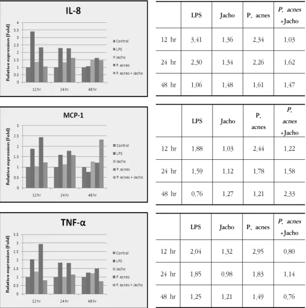Fig.  3.  Quantitative  analysis  of  IL-8,  MCP-1  and  TNF-α  mRNA  expressions  by  real  time  RT-PCR  in  THP-1 cells after treatments of LPS,  P