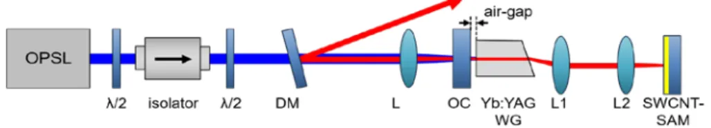 Fig. 1. Schematic of the SWCNT-SA mode-locked  Yb:YAG  channel  waveguide  laser.  λ/2:  half-wave plates; DM: dichroic mirror; L: convex lens with f  = 30 mm; OC: multifunctional  GTI-coated 5% output coupler mirror, piezo-controlled; L1 and L2: aspheric 