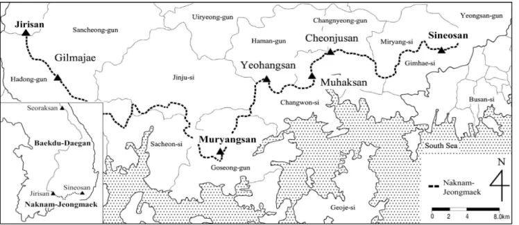 Figure  1.  Map  of  the  surveyed  sites  in  the  Naknam-Jeongmaek 크게 달라질 것으로 보인다.  따라서,  본 연구에서는 낙남정 맥 마루금 일대의 전반적인 식생상황을 파악하기 위해 인위 적 영향  및  환경조건을 고려하여 중점조사지 6개  지역을  선정하여 식생조사를 실시하였다(Figure  1)