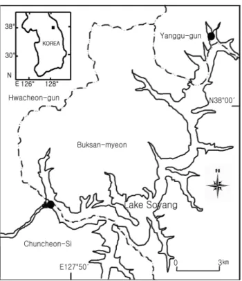 Figure  1.  Map  showing  the  studied  stations  in  which  artificial floating islands were constructed at  Lake Soyang 리이다(Figure  1)
