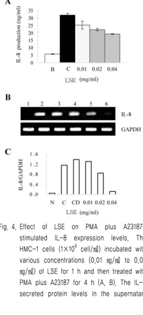 Fig. 4. Effect  of  LSE  on  PMA  plus  A23187-  stimulated  IL-8  expression  levels