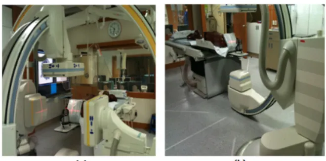 Fig.  1  Neuro-interventional  X-ray  equipment  (a)  Cross  center between two x-ray generators (b) Operator area for  interventional  procedure