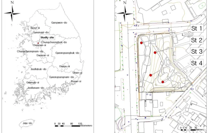 Figure  1.  A  map  of  the  study  sites397-1번지에  위치한  근린공원을  대상지로  선정하였으며, 전체면적은 11,300㎡으로,  녹지가 10,891㎡(89.2  %)로 가장  넓은  면적을  차지하며,  산책로,  운동기구  등의  지역이 1,219㎡(10.8  %)를 차지하고 있다