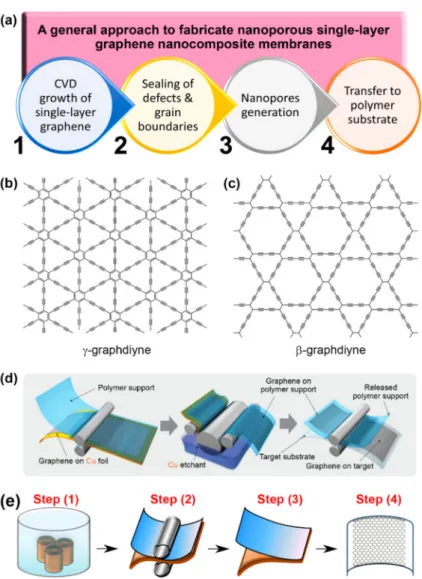 Figure 2. (a) Schematic showing a general approach to synthesizing nanoporous single-layer nanocomposite graphene membrane