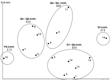 Figure  2.  Dendrogram  of  classification  by  TWINSPAN  using  fifteen  plots  at  the  Woonsooam  Valley,  in  Jogyesan  (Mt.)