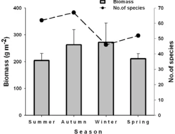 Figure 2. Seasonal changes of average biomass and the number of species collected