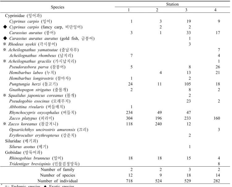 Table 2. The list and individual number of fishes collected at each station in the Cheonggye Stream from April 2011 to May 2012 조사기간  동안  출현한  어종은  총  3과  24종(아종  포함) 2,053개체 이었다(Table 2)