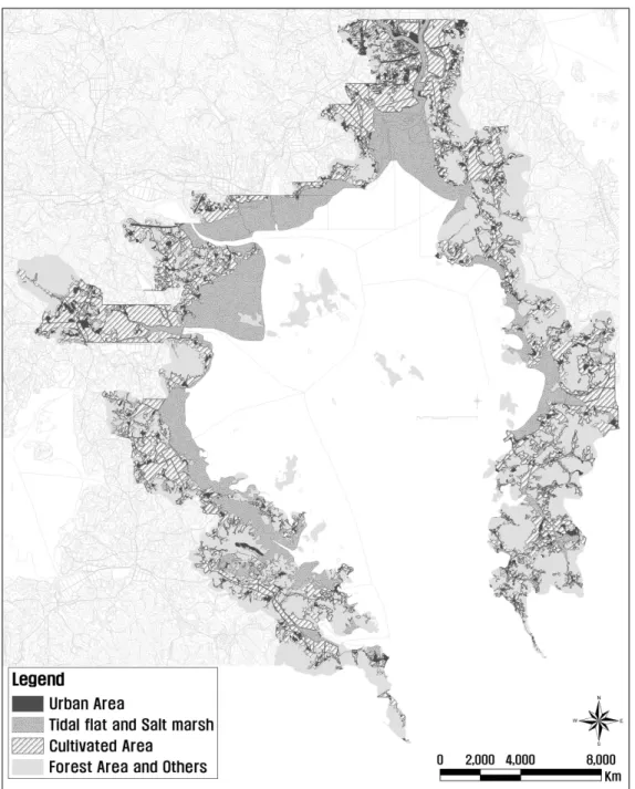 Figure  4.  The  actual  vegetation  map  of  Suncheon  Bay  costal  area 다.  밭경작지가  우세한  경관유형은  밭경작지-논경작지-활 엽수  자연림  유형,  밭경작지-자연림침엽수-갈대군락  유형  지역으로서 고흥반도 지역에서 나타났다