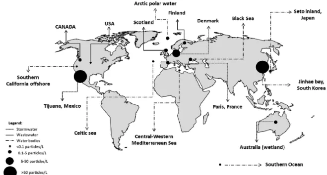 Fig. 2. MP distribution in different pathways and surface waters based on published papers