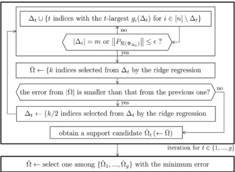 Fig. 1. Description of BMMP: b U is the support estimate obtained from BMMP and g is the number of multiple support candidates among which b U is selected