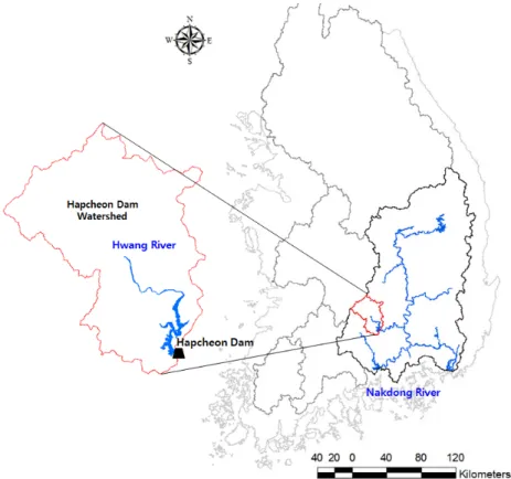 Fig. 1. Hapcheon dam watershed용수공급량  조정여부를  결정하여  시행된다. 본 연구에서는 다목적댐의  가뭄단계 판단기준으로 적용되고 있는  가뭄단계별  기준저수량을  기후변화  시나리오가  반영된 유입량을  적용하여  개선하고자  하였으며,  이를  기반으로  운영을  통한  평가를  진행하고자  하였다