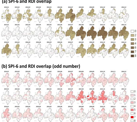 Fig. 4. Spatial distribution overlapped results of SPI-6 and RDI 타내며  이를  합하면  홀수의  결과를  나타낸다
