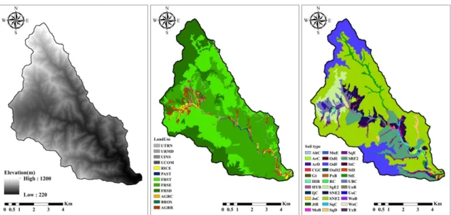 Fig. 2. SWAT input data of Gaa-cheon Watershed(DEM, Land use map, Soil map)