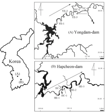 Figure 1. The map of study sites in Yongdam-dam and Hapcheon-dam region