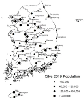 Fig. 1. Sixty South Korea cities with population size.