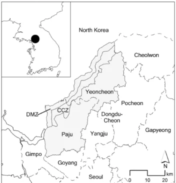 Figure  1.  Location  of  the  study  area서 론한국전쟁 후 계속된 남북한 군사대립으로 남북한 접경지역에 대한 민간인 출입이 통제되어 왔다