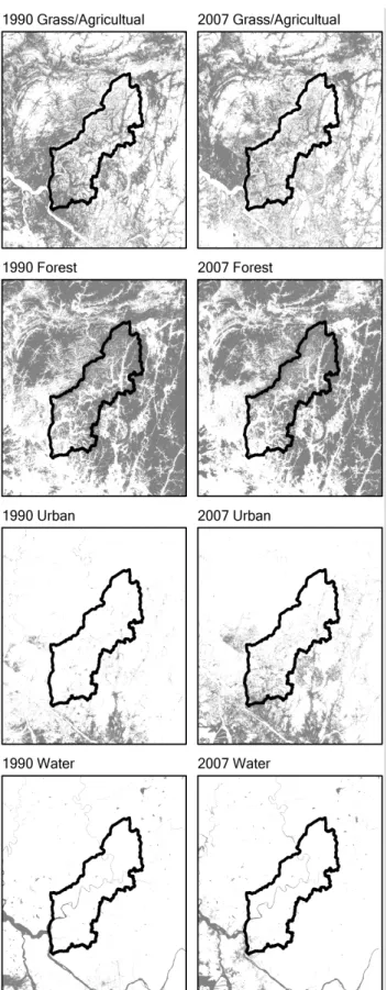 Figure  2.  Land  cover  maps  classified  from  1990  and  2007  Landsat  TM  images 루미,  재두루미,  독수리 등의 주요 서식지인 초지 및 경작지 와 삵,  고라니 등의 주요 서식지인 산림에 대한 경관지수를 계산하여 서식지 파편화를 분석하였다