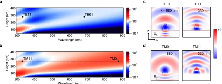 Figure 4.  Calculated resonant modes of the EBID dielectric nano-rod antenna. (a,b) 2D maps of the total 