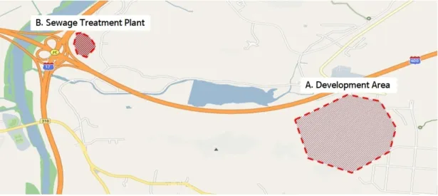 Fig. 1. Research areas : development area and sewage treatment plant(from right)