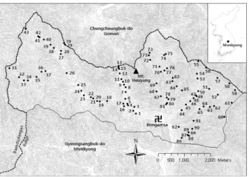 Figure 1. The location map of the study sites in  Bongamsa Forest Genetic Resource Reserve  Area, Mt