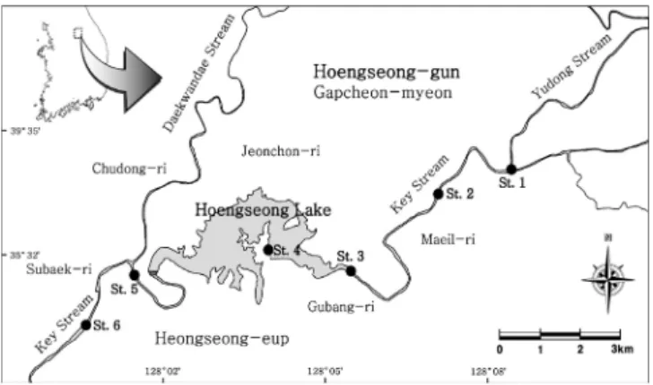 Figure 1. Map of six studied sites in Hoengseong Lake region 있으며,  댐 완공 이전의 육상곤충상(Byun  et al., 1996)을 제외하면  연구는  전무한  실정이다.본 연구에서는 횡성호와 횡성호 상·하류지역의 저서성 대형무척추동물의 군집구조와 섭식기능군 및 서식기능군의 특성을 분석하고,  생물학적 수질 평가와 지표종의 선정으로 횡성호 일대의 하천생태계 복원 및 보전을 위한 기초자료로 제공하고자  한