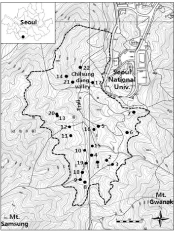 Figure 1. Kwanaksan Ecological and Scenery Conservation area and the position of survey plots   was distributed in high-pitched slope and the high rock ratio area