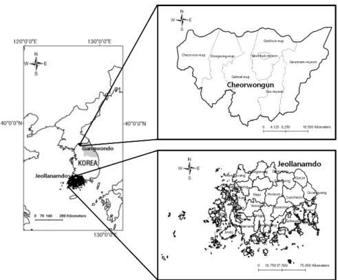 Figure 1. Maps of sampling sites(Cheorwon, Gangwon province and the Eastern parts of Jeonnam province) in  this study