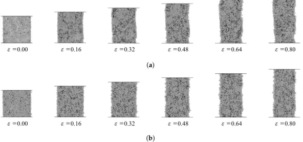 Figure 6. Distribution of the HCP atoms (black dots) in the Cu-Zn alloy models with the zinc content of (a) 2.5% and (b) 5%.