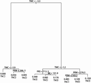Figure 4. Classification tree for Machilus thunbergii trees based on the four climatic variables