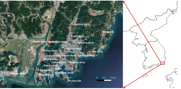 Fig. 1에 본 연구에서 활용한 PM 10 , PM 2.5  측정소와 부 산지방기상청의 위치를 나타내었다 . 대기오염측정소 22 개소는 주거지역,  공업지역 상업지역 등 비교적 사람의 생활공간 중심에 위치하고 있어 부산지역의 지역별 대기질 현황을 잘 반영하는 것으로 판단이 된다