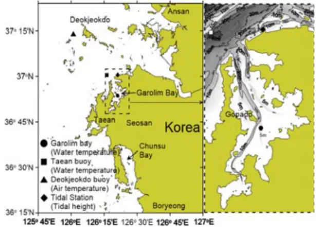 Fig.  1.  Map  showing  the  stations  measuring  seawater  temperature, air temperature and tidal height (left)  and  bathymetry  of  the  Garolim  Bay  (right)