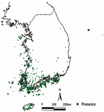 Figure 1. Actual distribution of warm-temperate evergreen  broad-leaved trees(1913-2009)