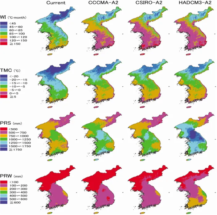 Figure 2. Maps of four climatic variables under the current climate(1961-1990) and future climate  scenarios, i.e.,  the CCCMA-A2, CSIRO-A2 scenario and HADCM3-A2 scenario of 2081~2100                      (WI: Warmth index, TMC: Mean minimum temperature o