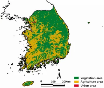 Figure 3. Spatial distribution of land use. Three types  of land use: Vegetation, agriculture and  urban area were extracted from the digital  vegetation map generated by the Global 