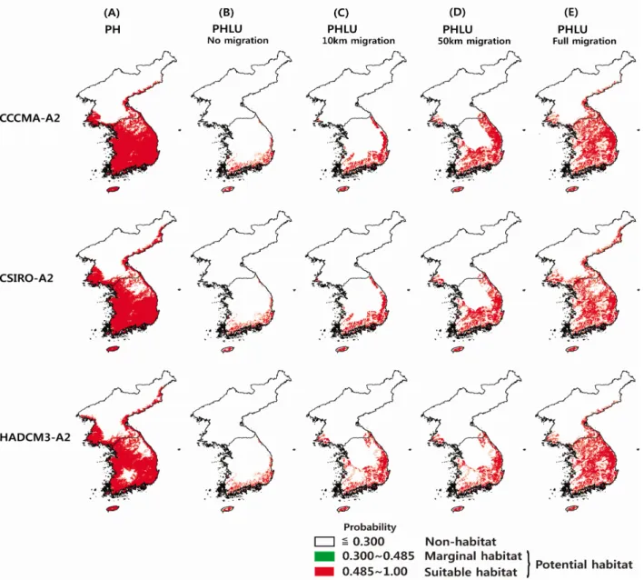 Figure 7. Predicted distribution of warm-temperate evergreen broad-leaved trees under the climate change  scenarios (CCCMA-A2, CSIRO-A2 and HADCM3-A2)