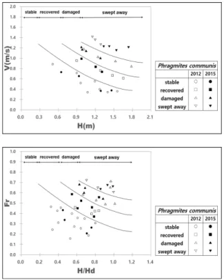 Fig.  7에  제시된    갈대의  대응  상태를  구분하면  다음과  같다.    ∙ 안정  상태  ;  Fr  ≤0.45                h/H d   ≤0.80    ∙ 회복  상태  ;  0.40<  Fr  ≤0.50    0.55<  h/H d   ≤0.85 ∙ 훼손  상태  ;  0.45<  Fr  ≤0.65    0.65<  h/H d   ≤1.10 ∙ 유실  상태  ;  0.60<  Fr       