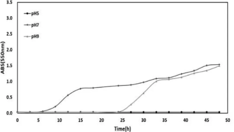 Fig.  8.  Growth  curves  of  Bacillus  licheniformis  with  variation  of  pH  for  48  hours.