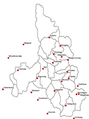 Fig. 4. Rain gauge stations for interpolation method in  soyang-river watershed 환산하는 방법 3가지를 적용하였다