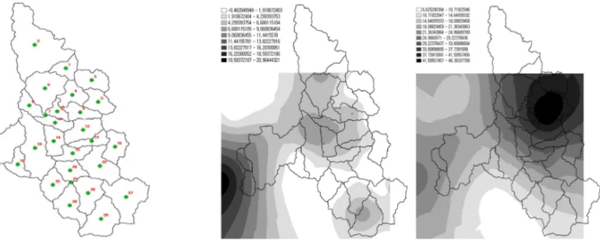 Fig. 8. Virtual gauge statino on centres of area Fig. 9. Kriging of soyang-river watershed (left : July 16, 1998, right : July 26, 1998) Table 5