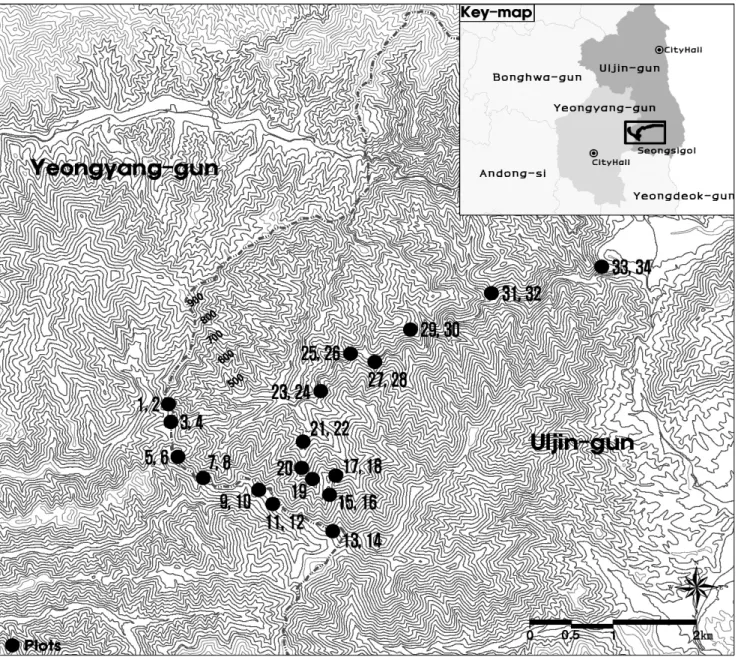 Figure 1. The survey plots of the Seongsi valley in Nakdong-jeongmaek서 론백두대간의 개념은 역사적으로 고려 초 승려인 도선(道詵)에 의해 수근목간(水根木幹)의 관점에서 최초로 언급되었으며,  이후 1751년 이중환의 “택리지”, 1760년경 이익의 “성호사설”, 1769년 여남 신경준의 “산경표(山經表)”를 거치면서 체계화되고,  용어도 구체화되었다