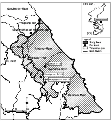 Figure 1. The location map of study area and  producing  districts in Jang-ri and Wonilgeon-ri of  Yangyang-gun, Kang Won-do