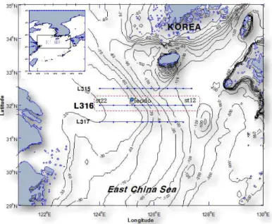 Fig. 1. The study area(Line 316) in the northern East China Sea.  함수 분석을 위해서 Line 316에서 관측 정점 간 간격이  동일한 정점 12~20을 대상으로 한 17년간(68분기)의 음 속자료를 이용하였으며, 원래의 음속자료로부터 전체평 균을  제거한  후  특이값  분해(SVD,  Singular  Value  Decomposition) 방법을 사용하여 EOF를 산출하였다
