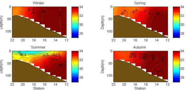 Fig. 3. Vertical distributions of mean salinity fields for along Line 316 for four seasons