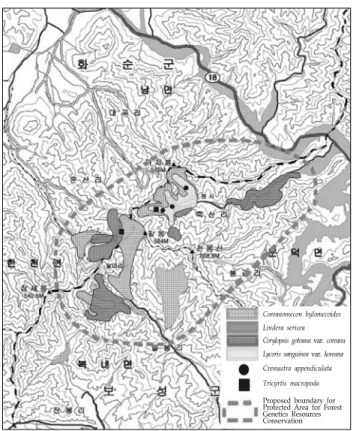 Figure 2. Proposed boundary for Protected Area for  Forest Genetics Resources Conservation히어리,  화순군 남면 운산리 말봉산 서사면에서는 흰괭이눈과 매미꽃,  말봉산 남쪽 임도에서는 분취,  말봉산 계곡에서는 백양꽃과 각시서덜취,  문덕면 일봉리에서는 정영엉겅퀴가 각각 조사되어,  천봉산-말봉-대원사를 잇는 산맥으로 둘러싸인 분지형태의 조사지가 식물이 자라는데 적합한 환경을  형성하